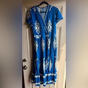 Blue & White Embroidered Maxi Dress